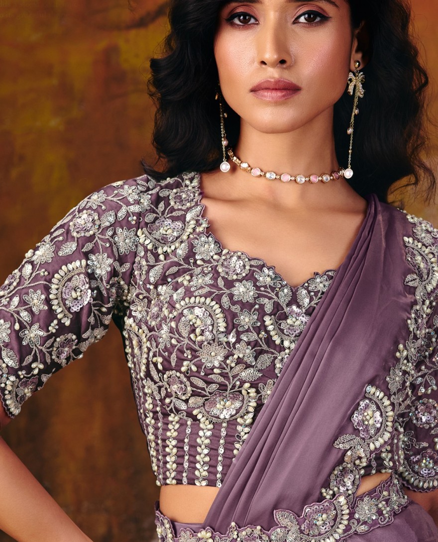 27109 - Lavender Embroidered Wedding Party Designer Saree